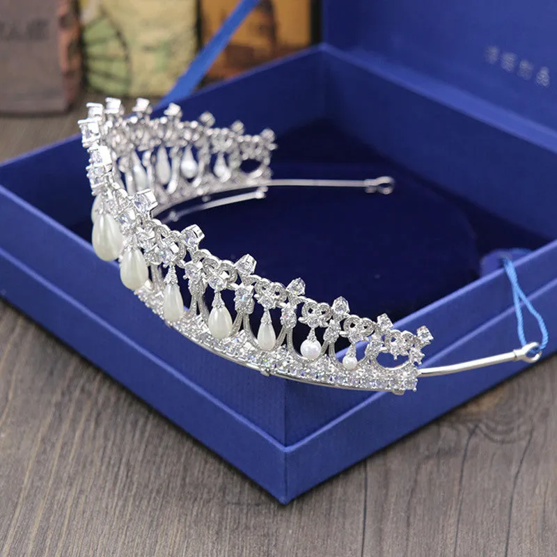 Royal Luxury Pearl Zircon Crown Tiara Bridal Wedding Hair Jewelry