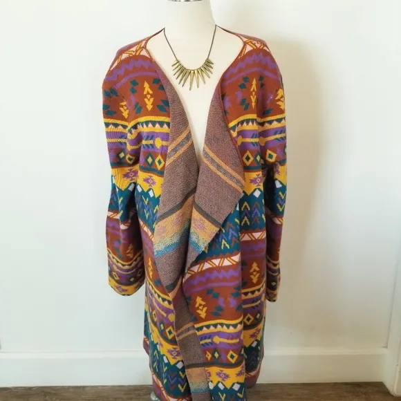 Savanna Jane The Bella Tarwin Aztec Open Front Southwestern Cardigan Sweater EUC