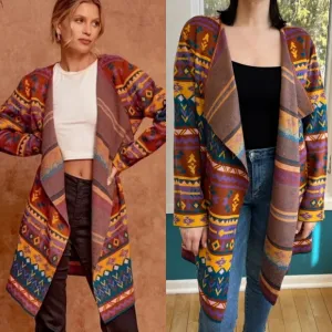 Savanna Jane The Bella Tarwin Aztec Open Front Southwestern Cardigan Sweater EUC
