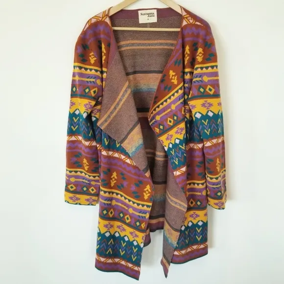 Savanna Jane The Bella Tarwin Aztec Open Front Southwestern Cardigan Sweater EUC