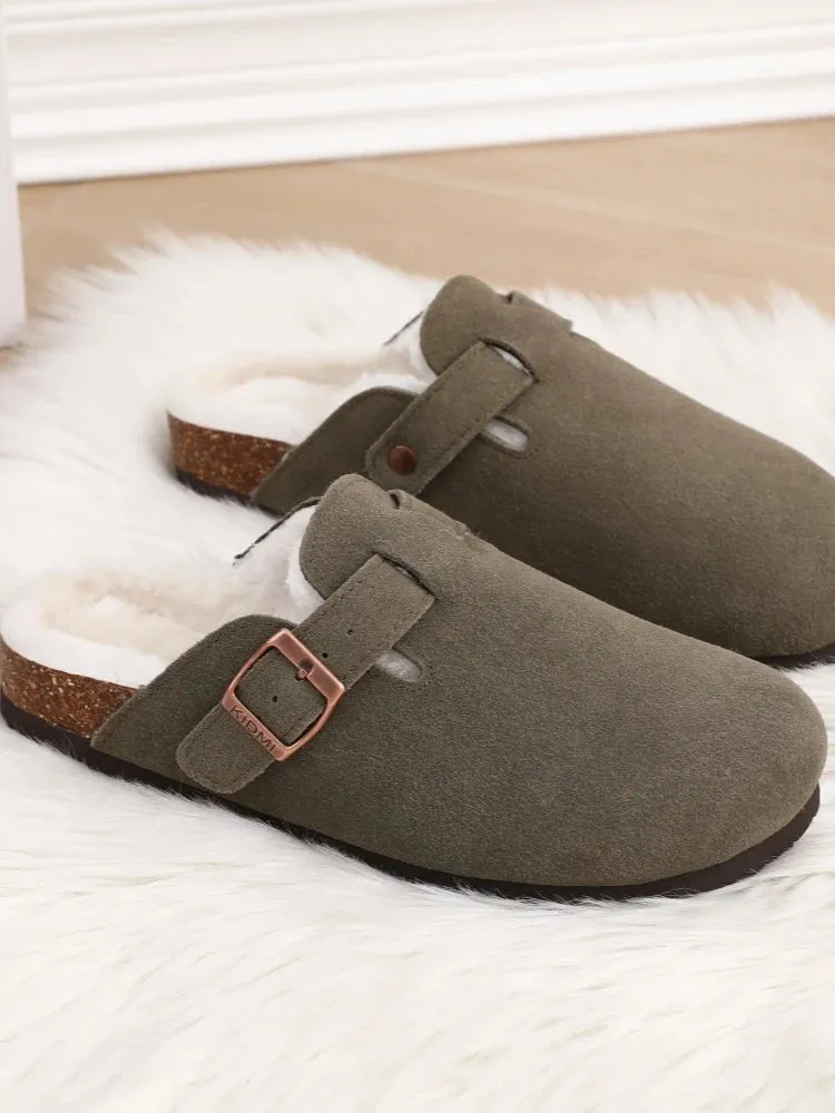 Shevalues Fur Classic Clogs For Women Winter New Fashion Cork Insole Plush Slipper With Arch Support Cozy Home Furry Suede Mules