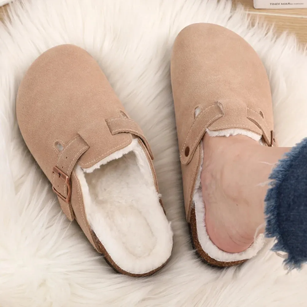 Shevalues Fur Classic Clogs For Women Winter New Fashion Cork Insole Plush Slipper With Arch Support Cozy Home Furry Suede Mules