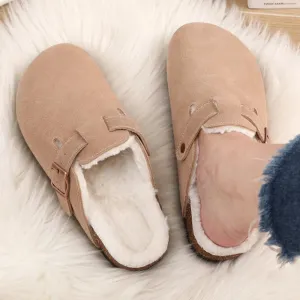 Shevalues Fur Classic Clogs For Women Winter New Fashion Cork Insole Plush Slipper With Arch Support Cozy Home Furry Suede Mules