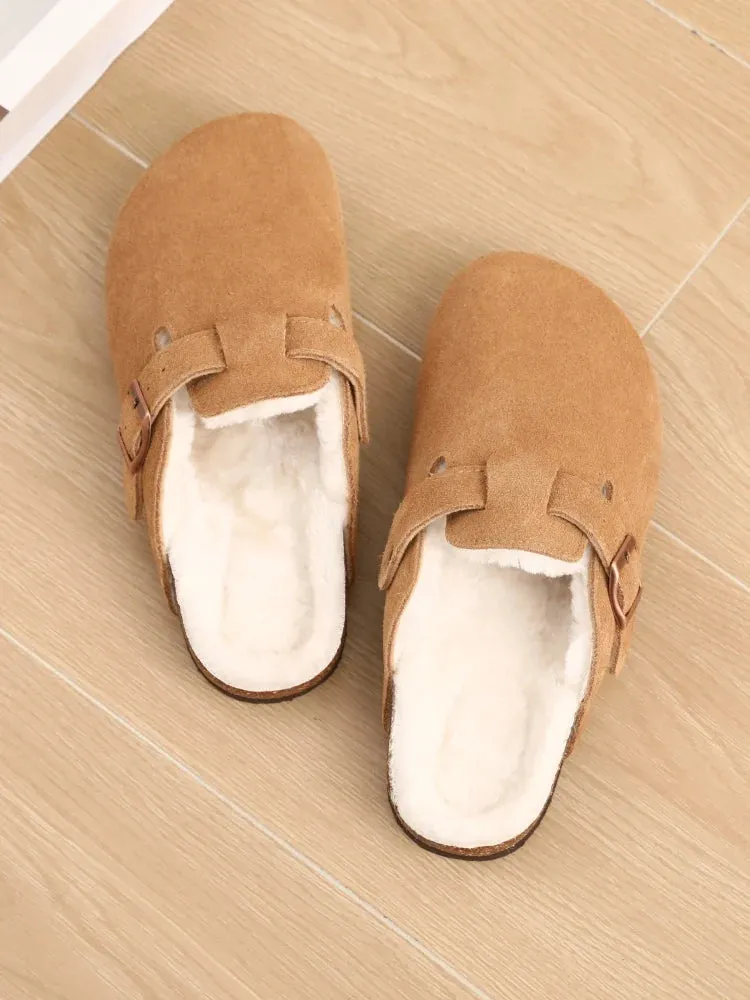 Shevalues Fur Classic Clogs For Women Winter New Fashion Cork Insole Plush Slipper With Arch Support Cozy Home Furry Suede Mules
