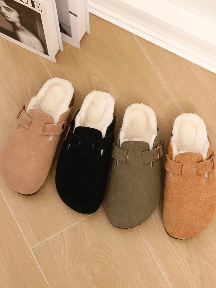 Shevalues Fur Classic Clogs For Women Winter New Fashion Cork Insole Plush Slipper With Arch Support Cozy Home Furry Suede Mules
