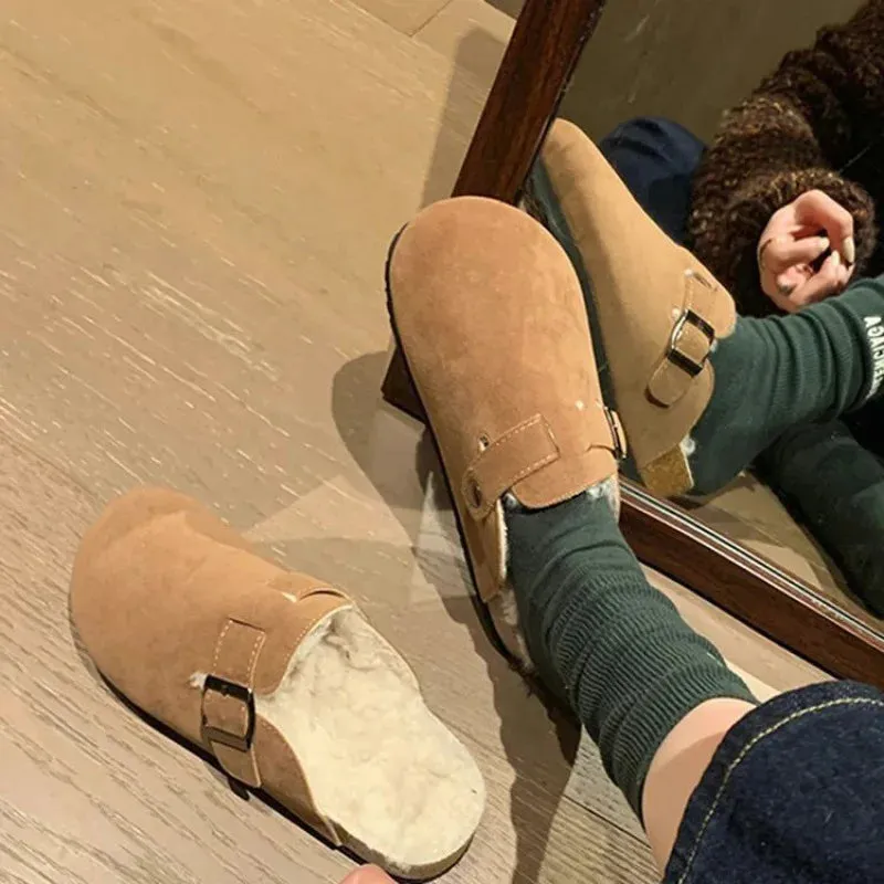 Shevalues Fur Classic Clogs For Women Winter New Fashion Cork Insole Plush Slipper With Arch Support Cozy Home Furry Suede Mules