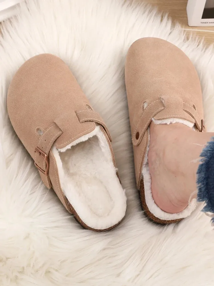 Shevalues Fur Classic Clogs For Women Winter New Fashion Cork Insole Plush Slipper With Arch Support Cozy Home Furry Suede Mules