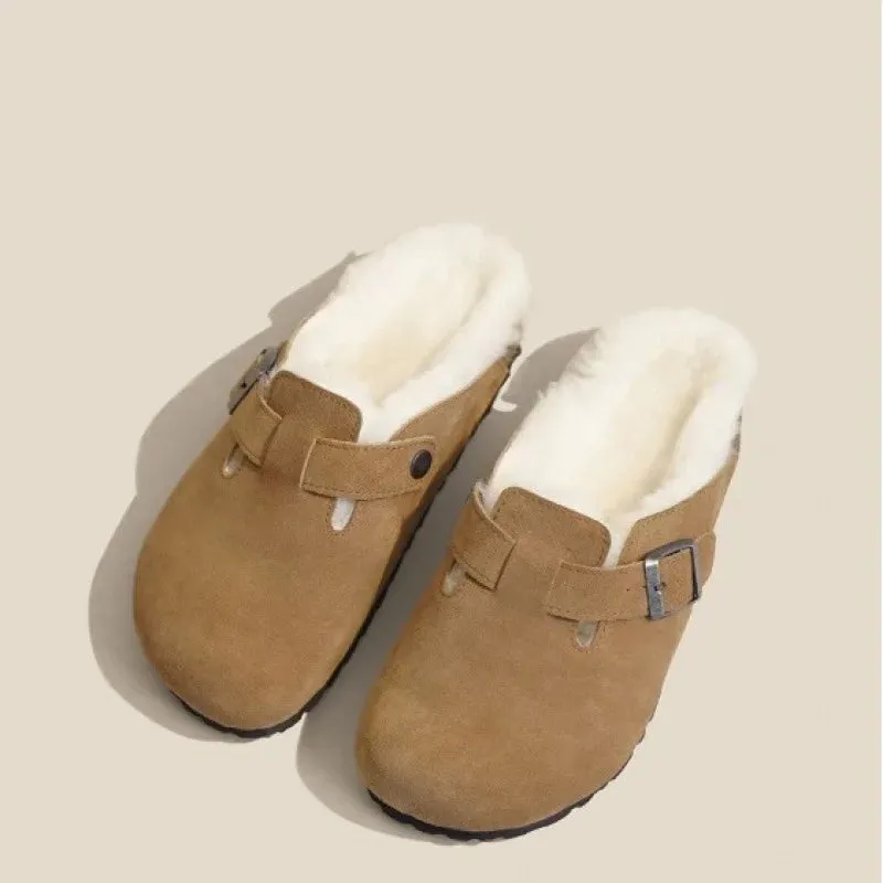 Shevalues Fur Classic Clogs For Women Winter New Fashion Cork Insole Plush Slipper With Arch Support Cozy Home Furry Suede Mules