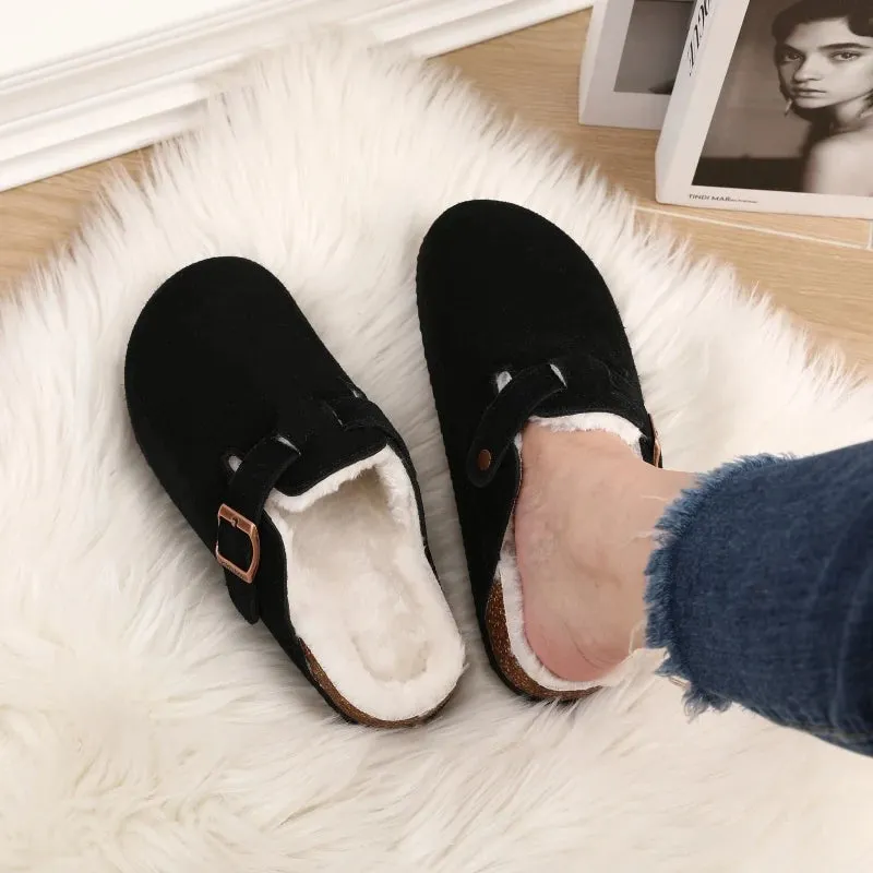 Shevalues Fur Classic Clogs For Women Winter New Fashion Cork Insole Plush Slipper With Arch Support Cozy Home Furry Suede Mules