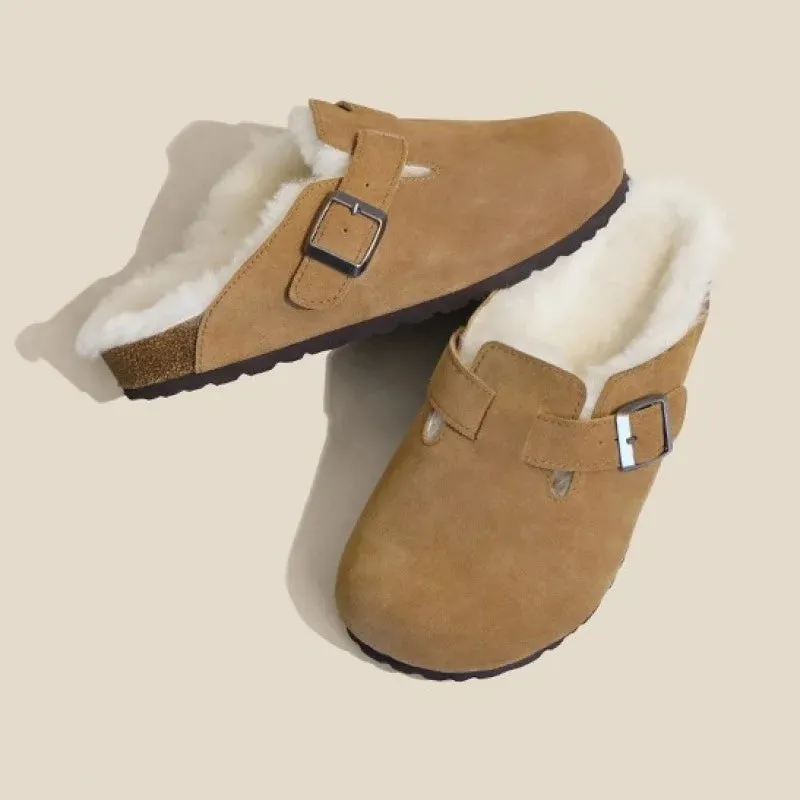 Shevalues Fur Classic Clogs For Women Winter New Fashion Cork Insole Plush Slipper With Arch Support Cozy Home Furry Suede Mules