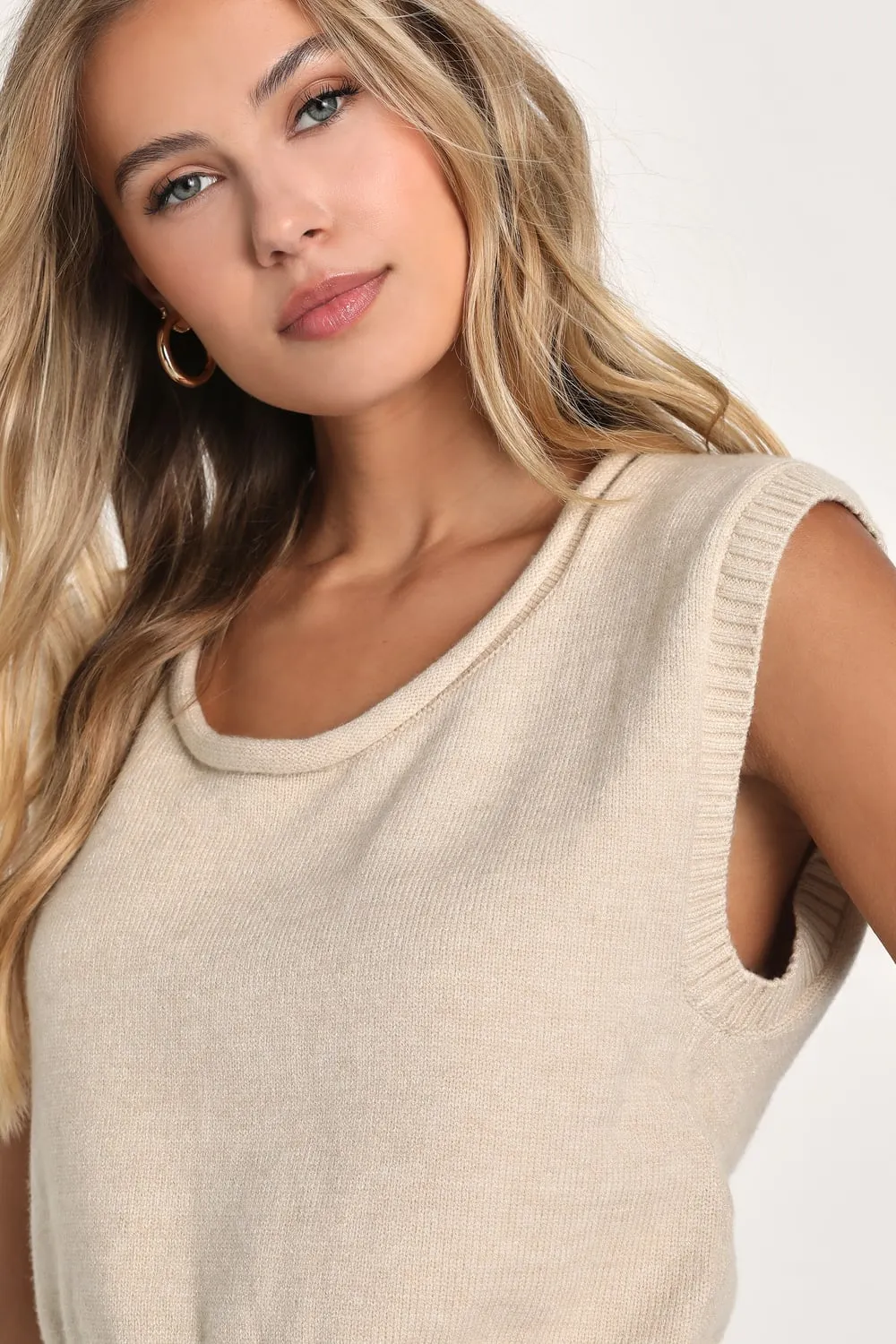 SLEEVELESS SCOOP NECK SWEATER TOP-OATMEAL