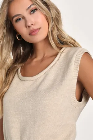 SLEEVELESS SCOOP NECK SWEATER TOP-OATMEAL