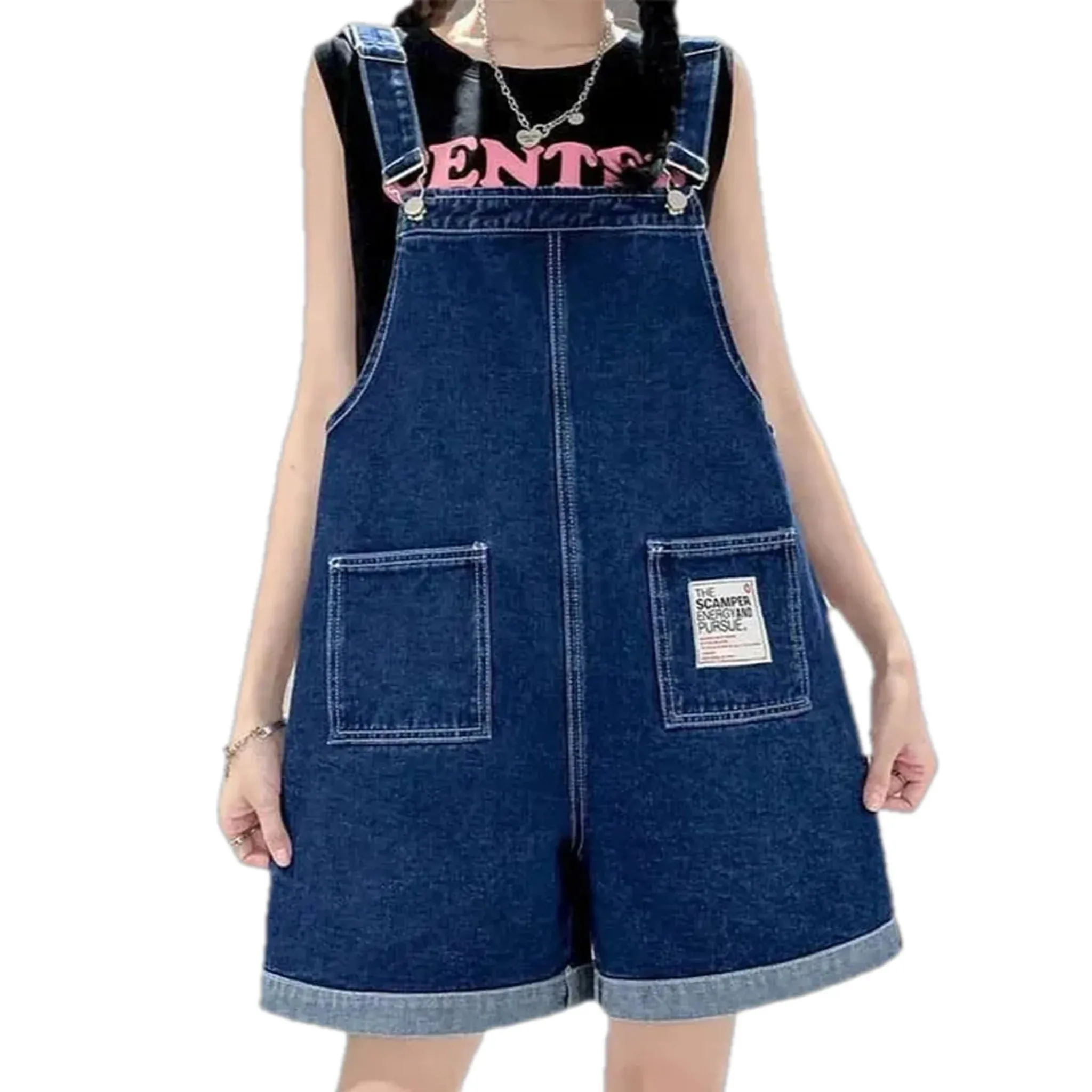 Slouchy fit rolled hems jean overall for ladies