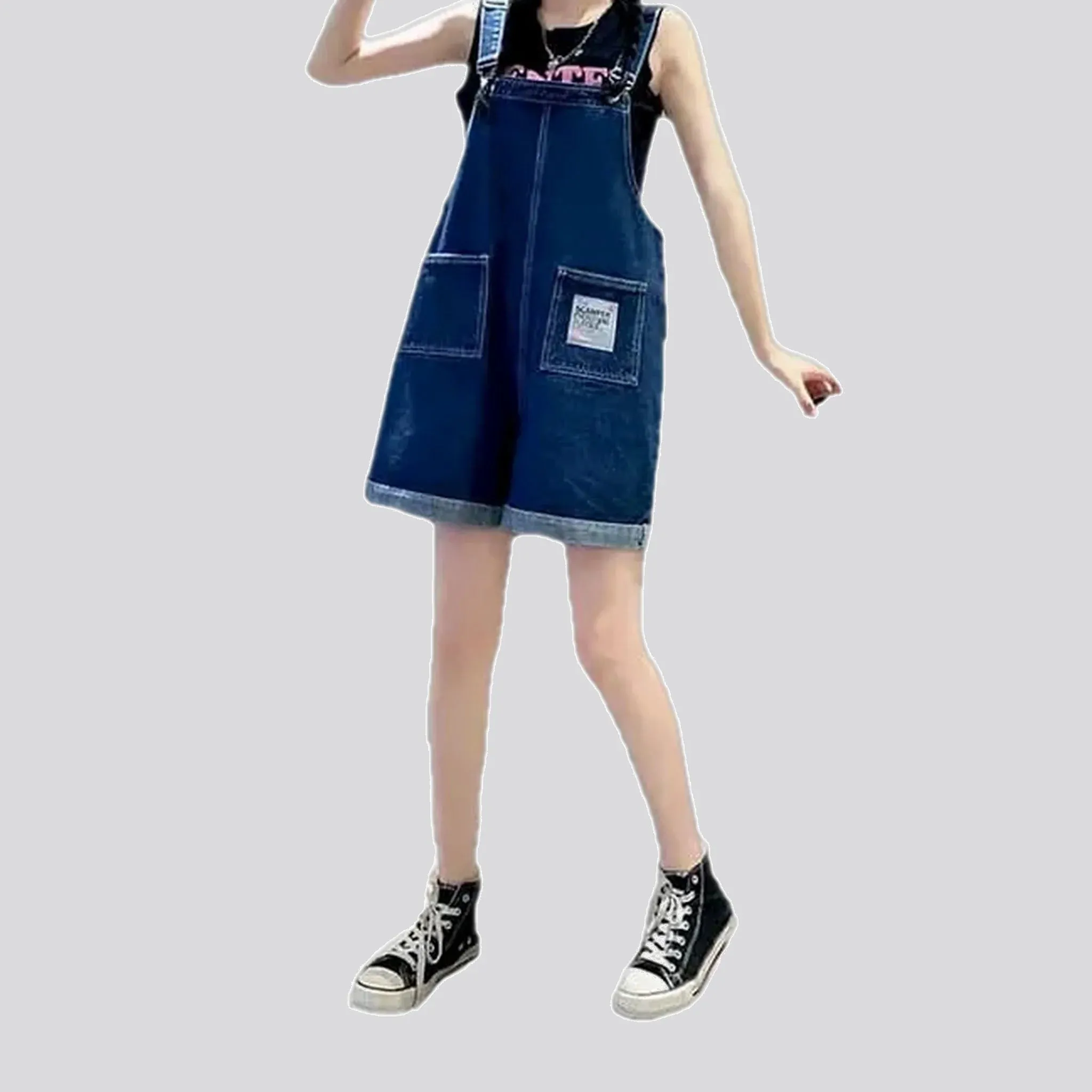 Slouchy fit rolled hems jean overall for ladies