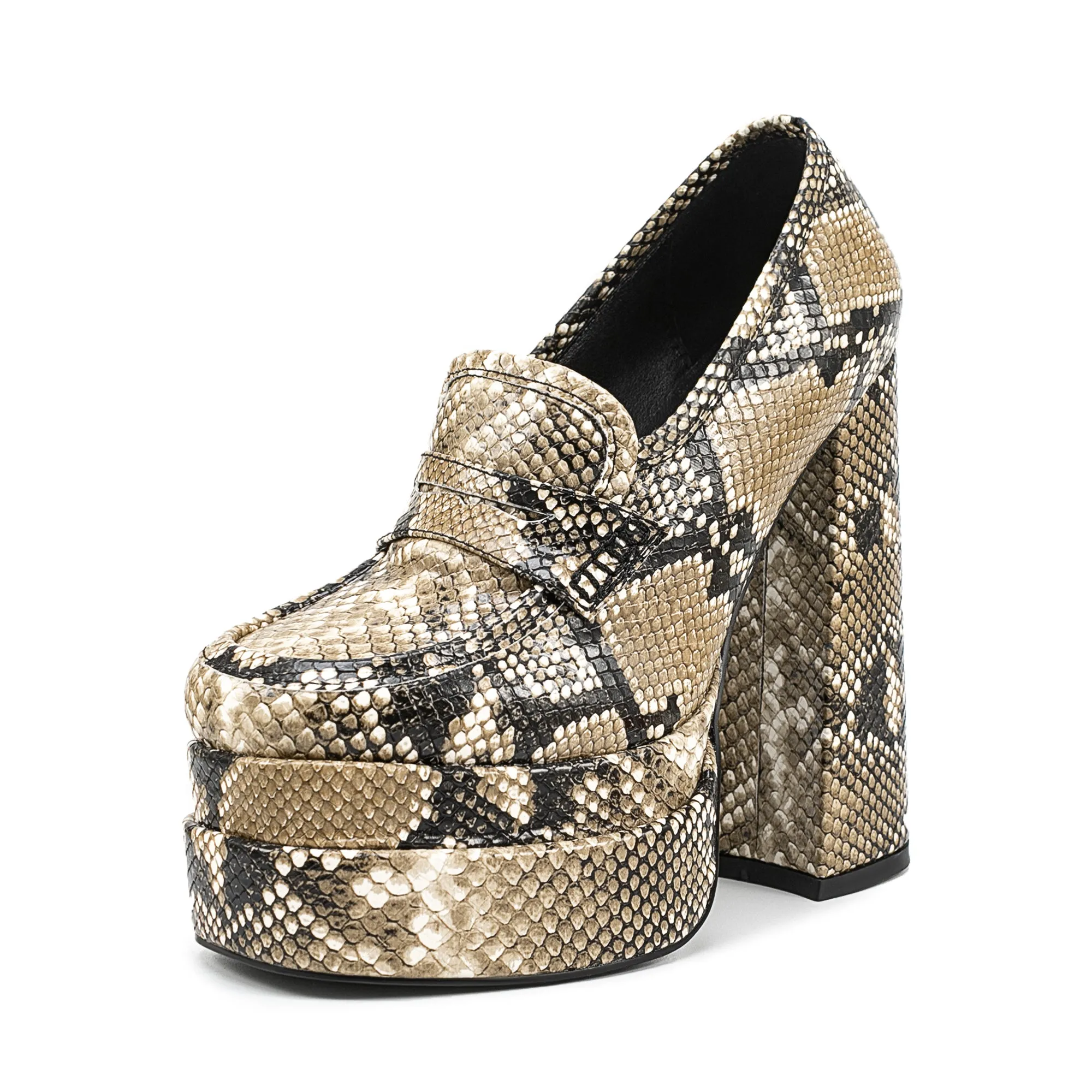 Snakeskin Pattern Chunky High Heel Platform Apricot Women's Loafers
