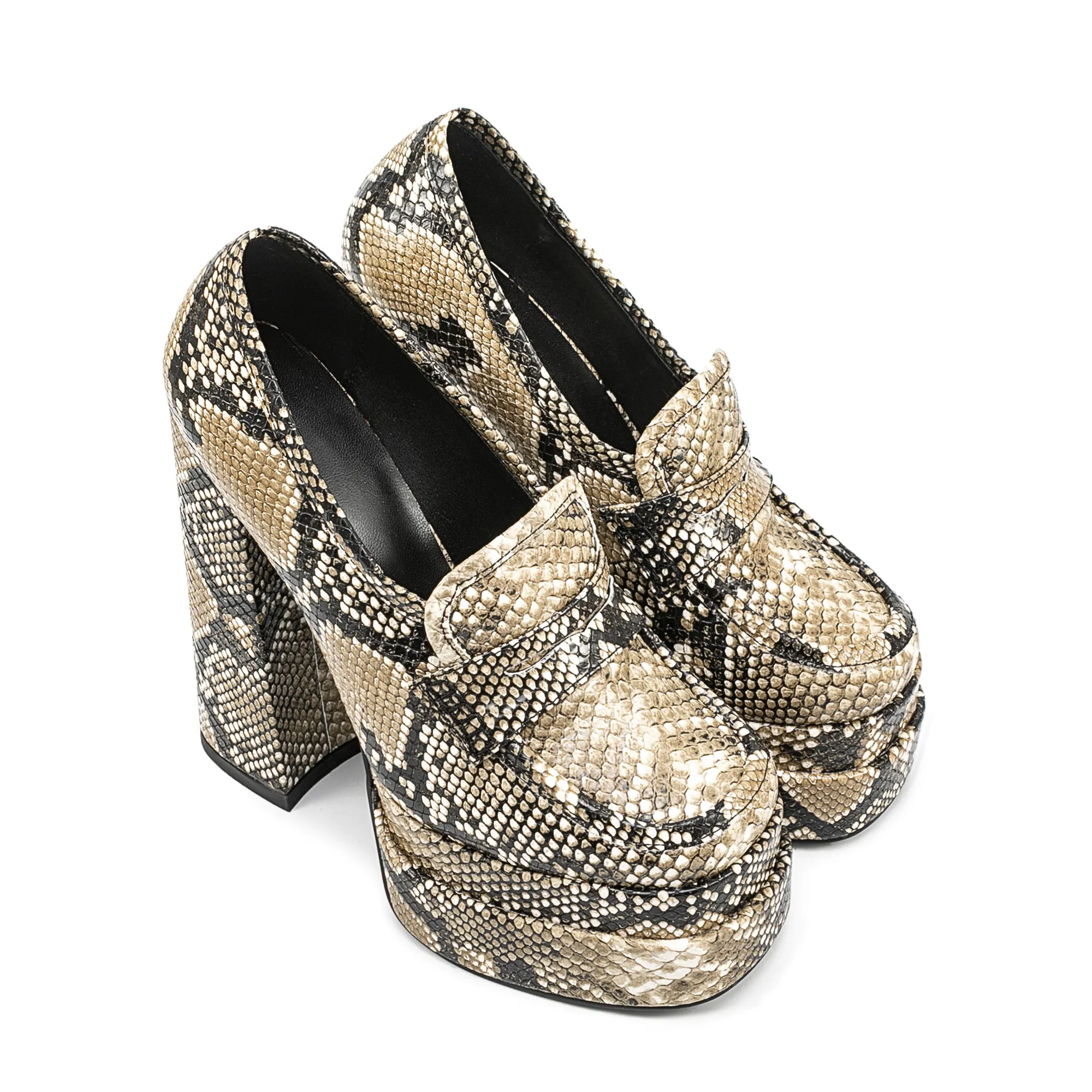 Snakeskin Pattern Chunky High Heel Platform Apricot Women's Loafers