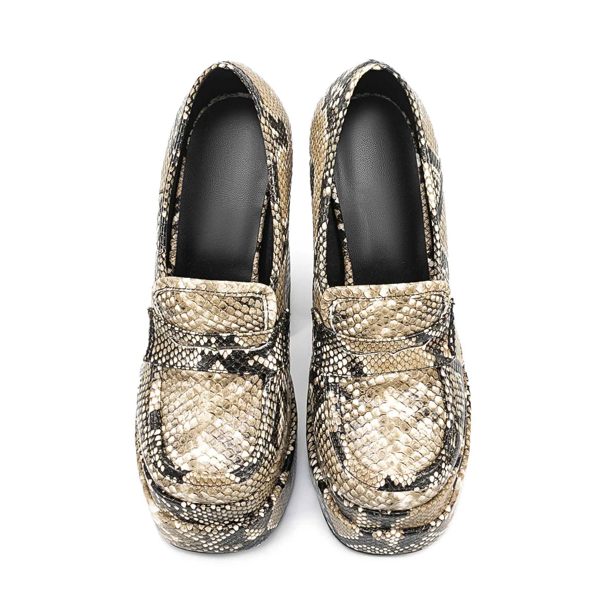 Snakeskin Pattern Chunky High Heel Platform Apricot Women's Loafers