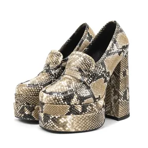 Snakeskin Pattern Chunky High Heel Platform Apricot Women's Loafers