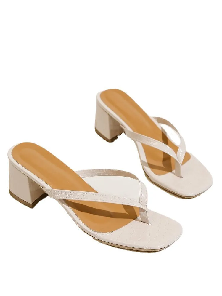 Spring And Summer Stylish Herringbone Square Toe Chunky Heel Sandals: High Heel, Open Toe, Casual Fashion