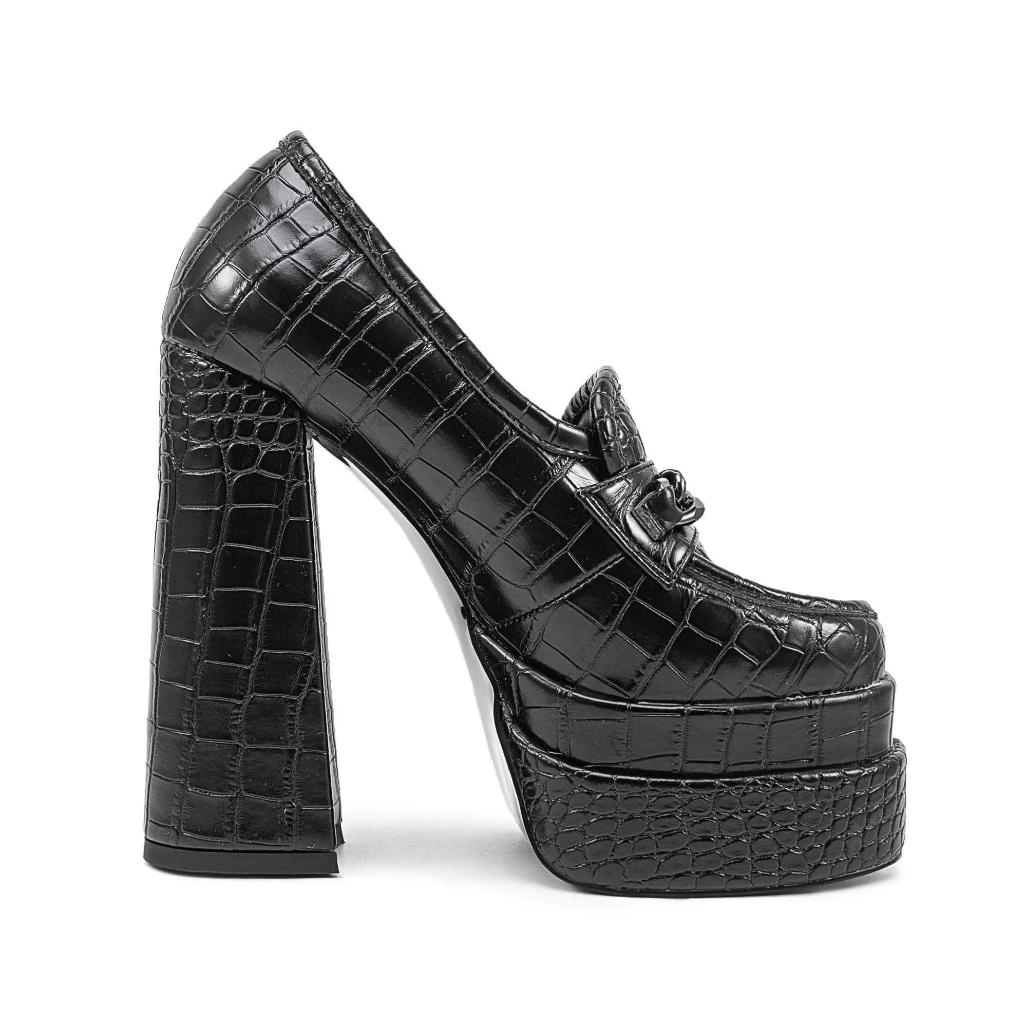 Stone Pattern Chunky High Heel Platform Black Loafers for Women