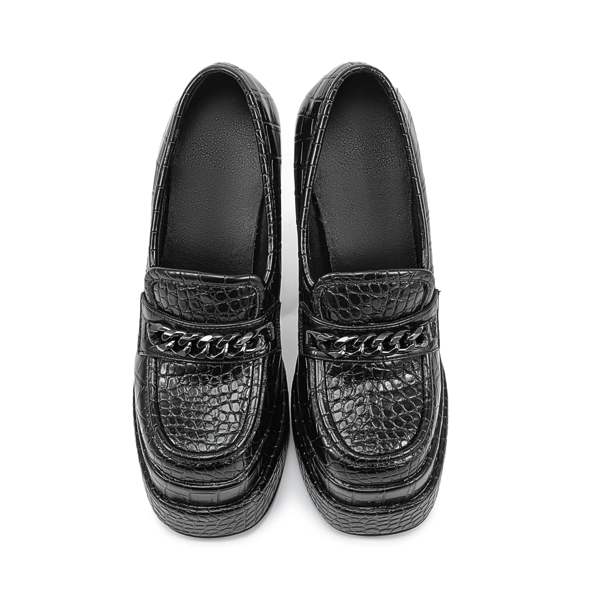 Stone Pattern Chunky High Heel Platform Black Loafers for Women