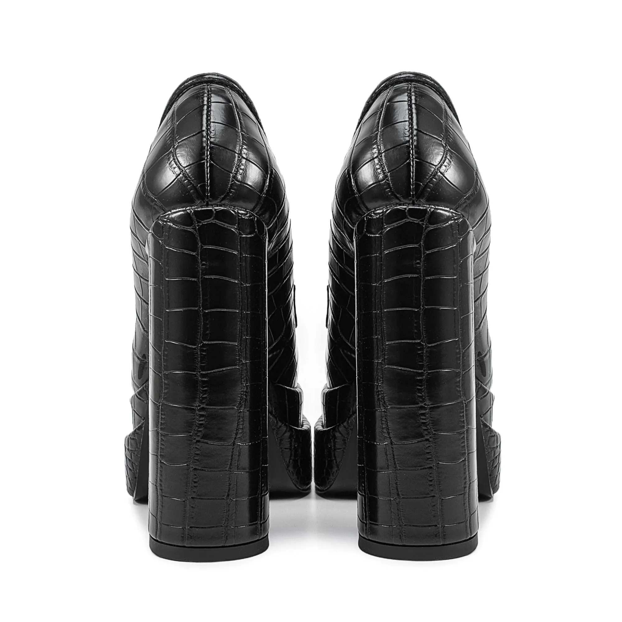Stone Pattern Chunky High Heel Platform Black Loafers for Women