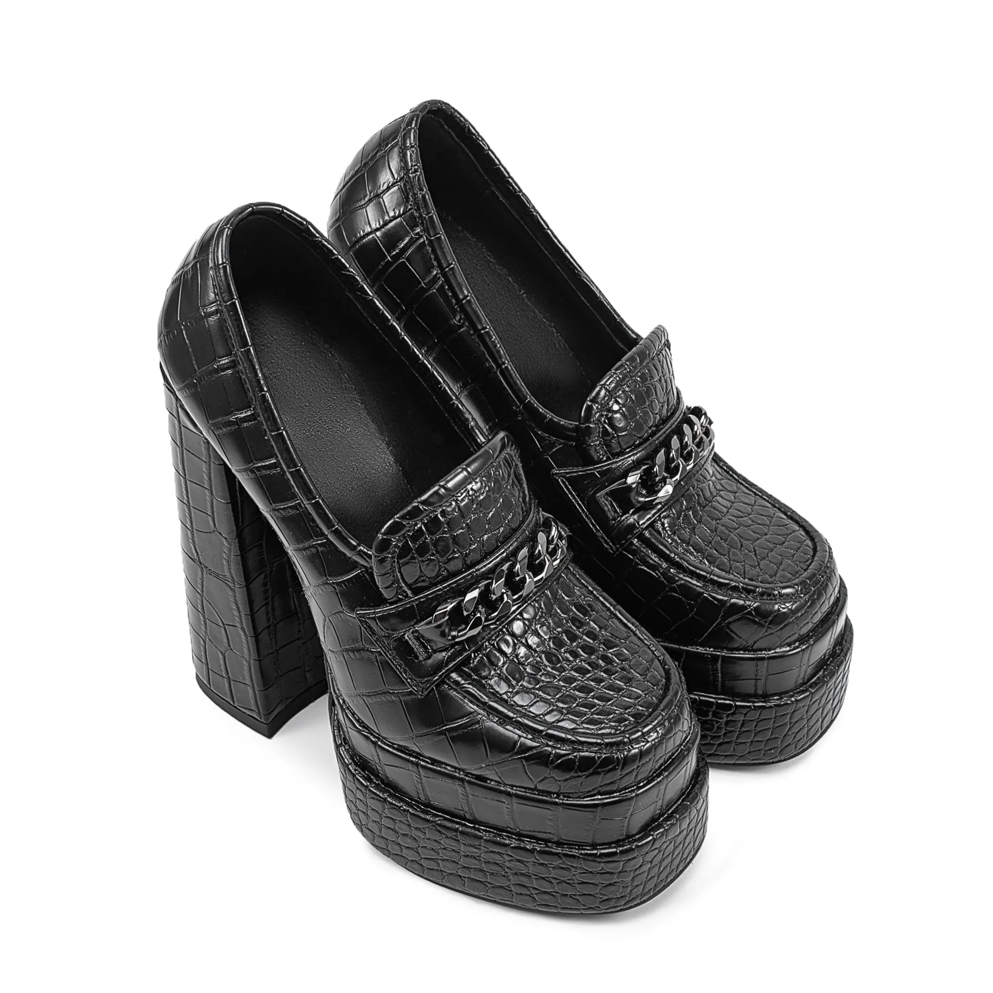 Stone Pattern Chunky High Heel Platform Black Loafers for Women