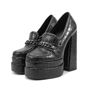 Stone Pattern Chunky High Heel Platform Black Loafers for Women