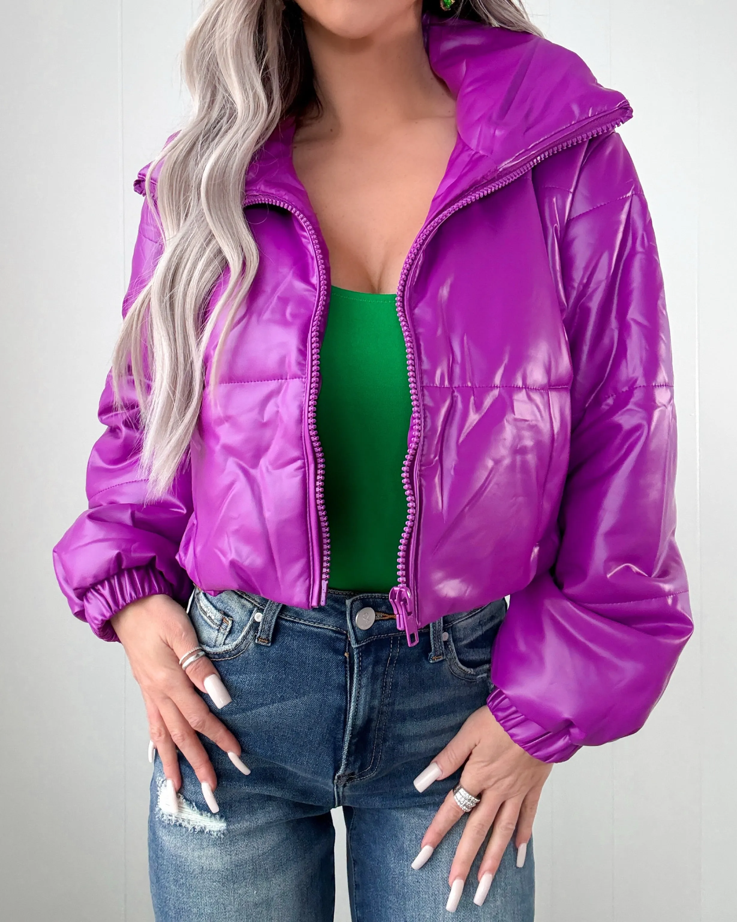 Street Chic Faux Leather Puffer Jacket - Purple