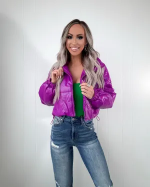 Street Chic Faux Leather Puffer Jacket - Purple