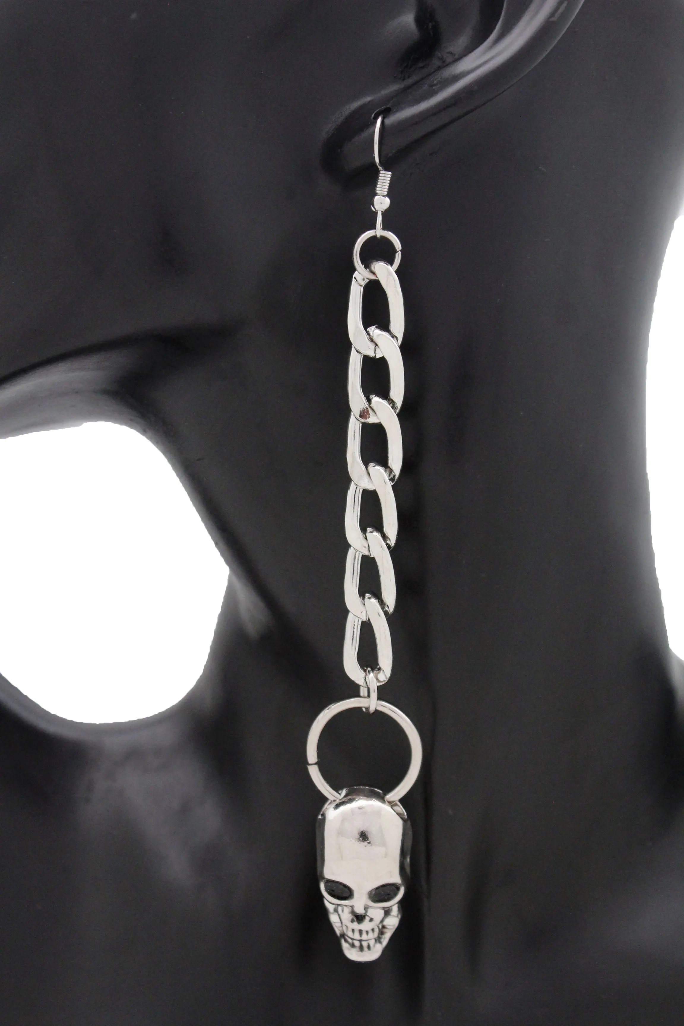 Street Earring Set Silver Metal Chain Skeleton Skull Charm Biker Rocker