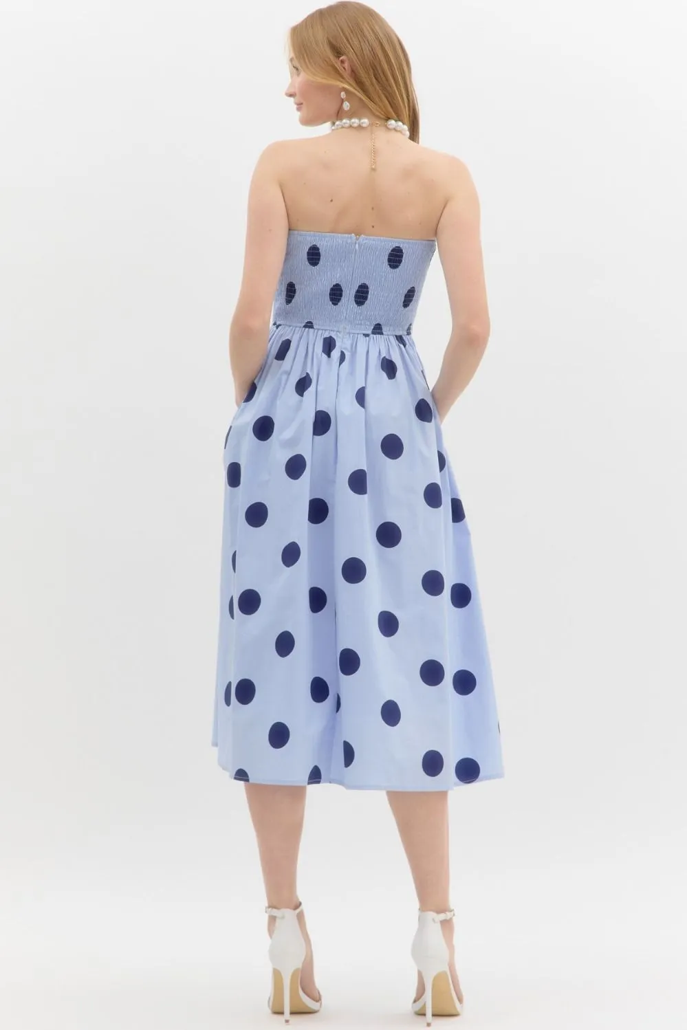 The Audrey Polka Dot Midi Dress in Blue