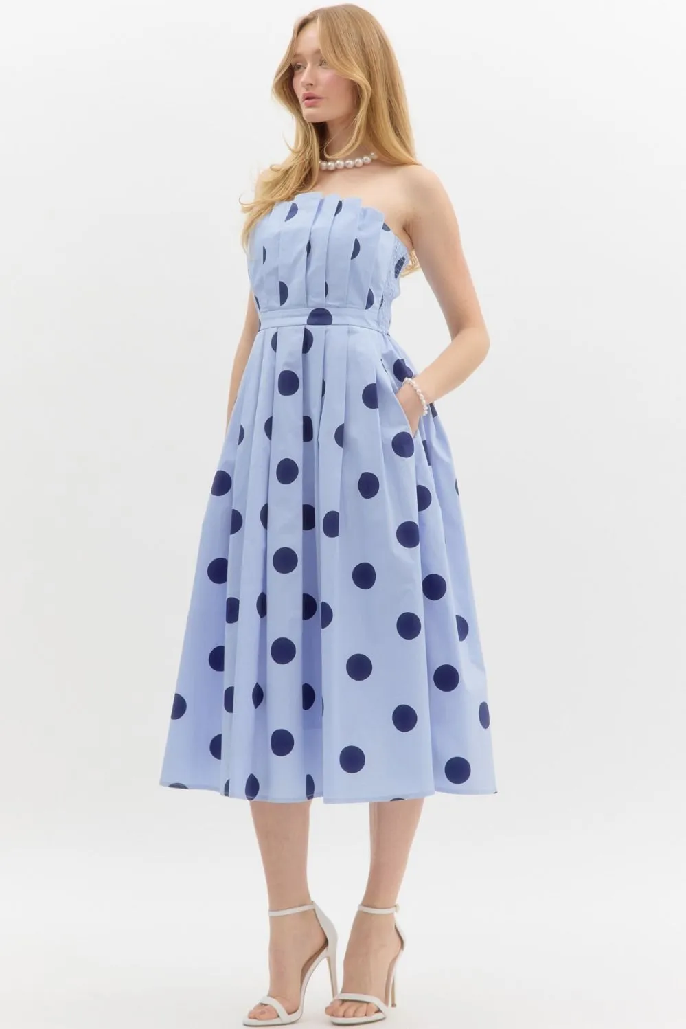 The Audrey Polka Dot Midi Dress in Blue