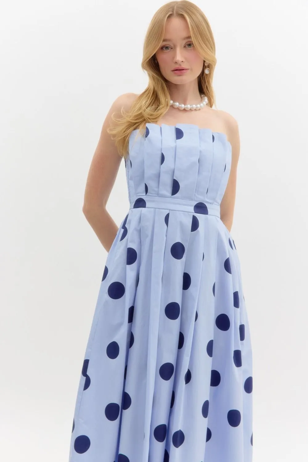 The Audrey Polka Dot Midi Dress in Blue