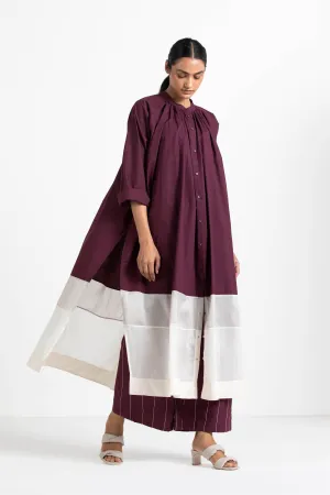 THREE   -   Panel Gather Neck Shirt Co Ord (Set Of 2) Wine