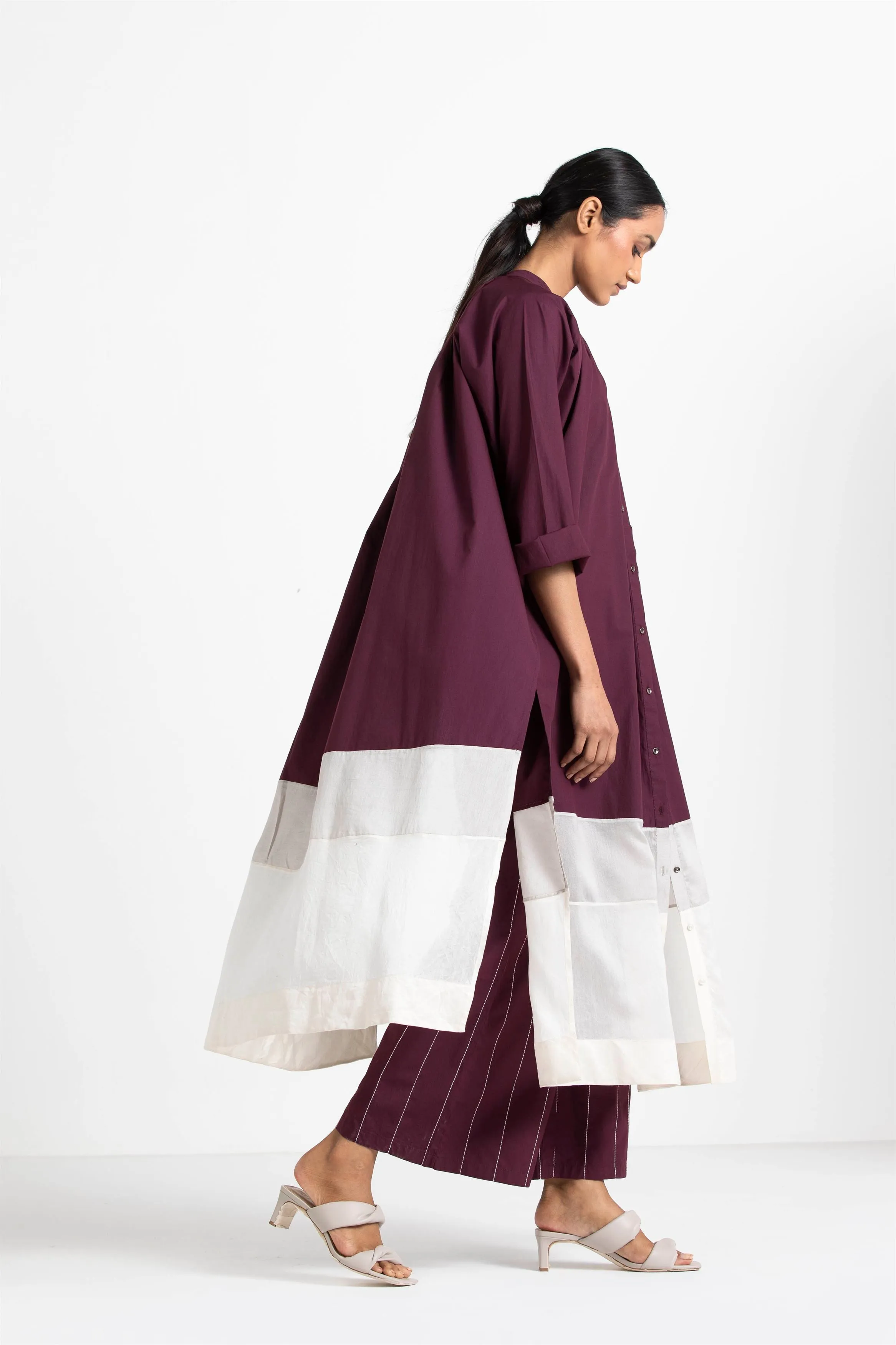 THREE   -   Panel Gather Neck Shirt Co Ord (Set Of 2) Wine