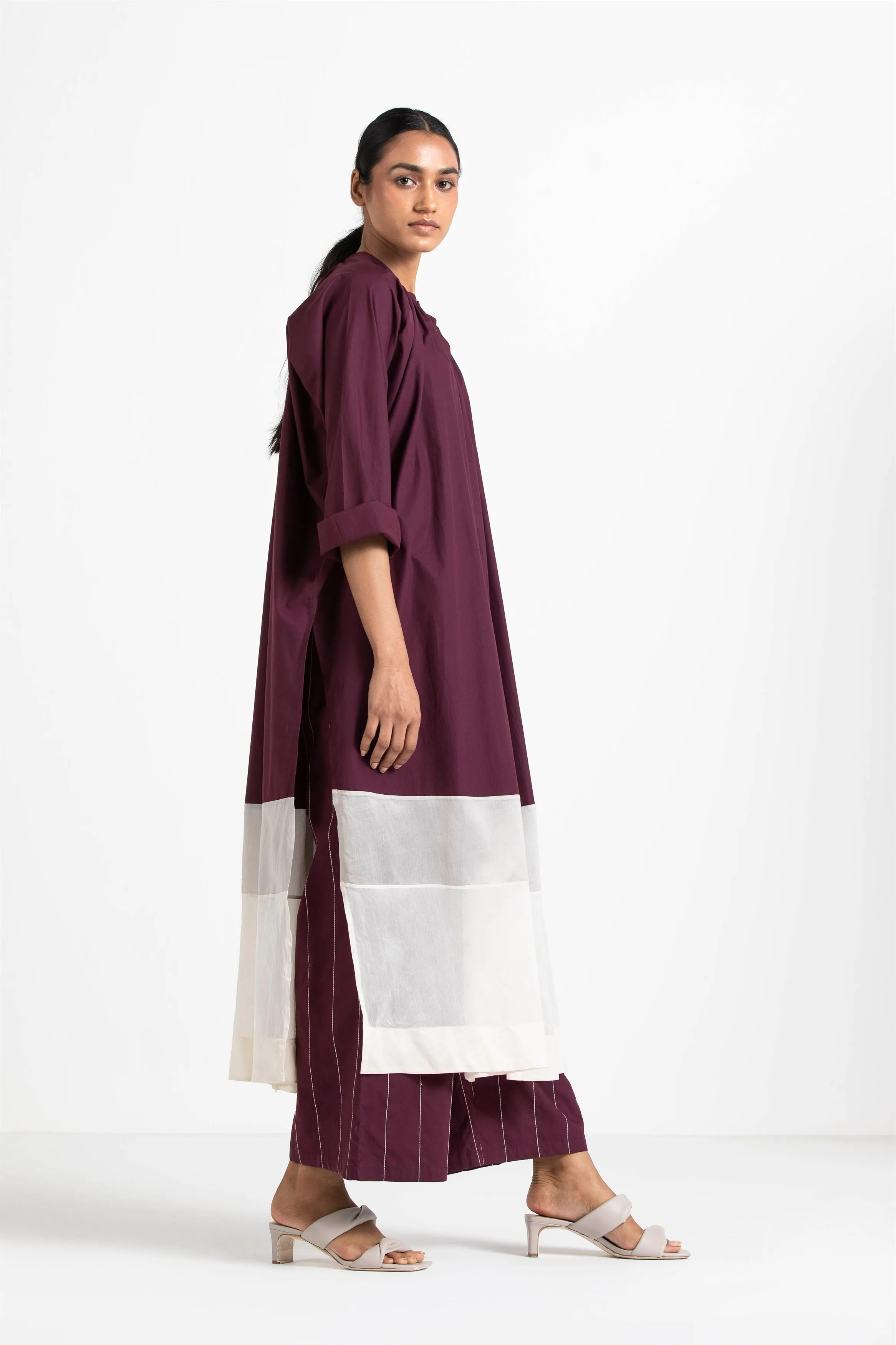 THREE   -   Panel Gather Neck Shirt Co Ord (Set Of 2) Wine