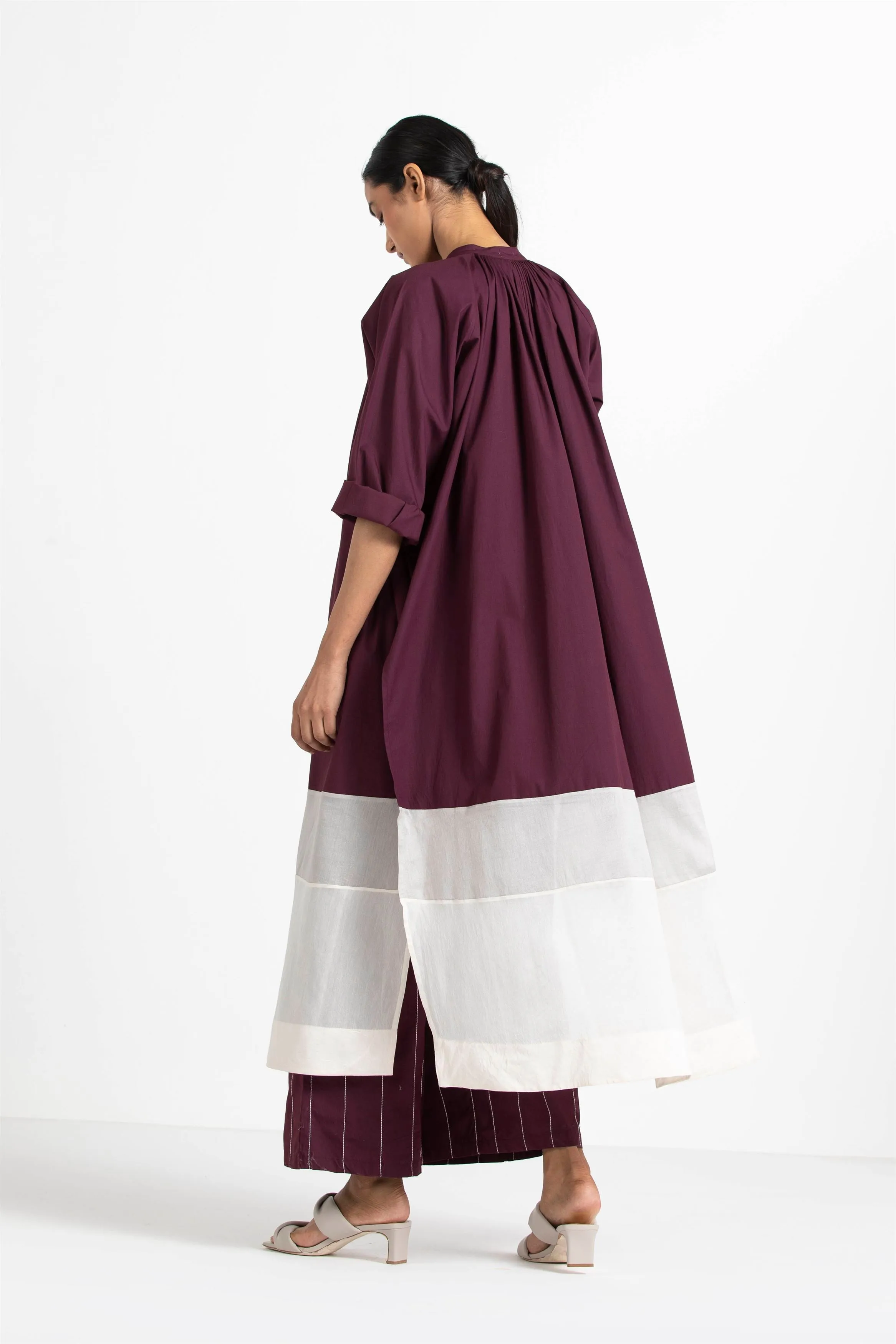 THREE   -   Panel Gather Neck Shirt Co Ord (Set Of 2) Wine