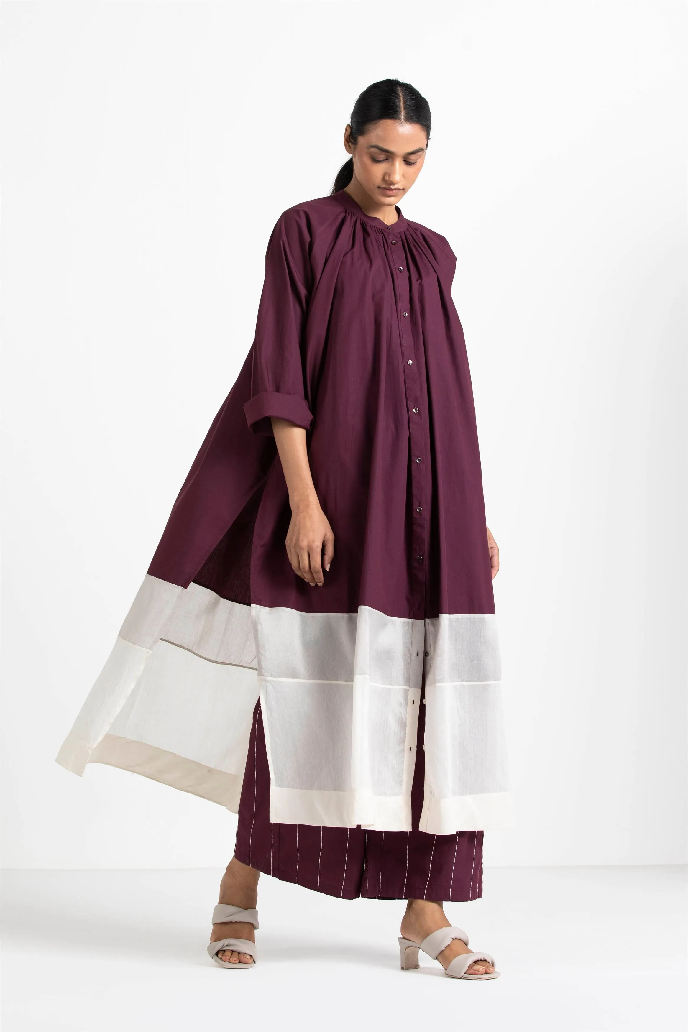 THREE   -   Panel Gather Neck Shirt Co Ord (Set Of 2) Wine