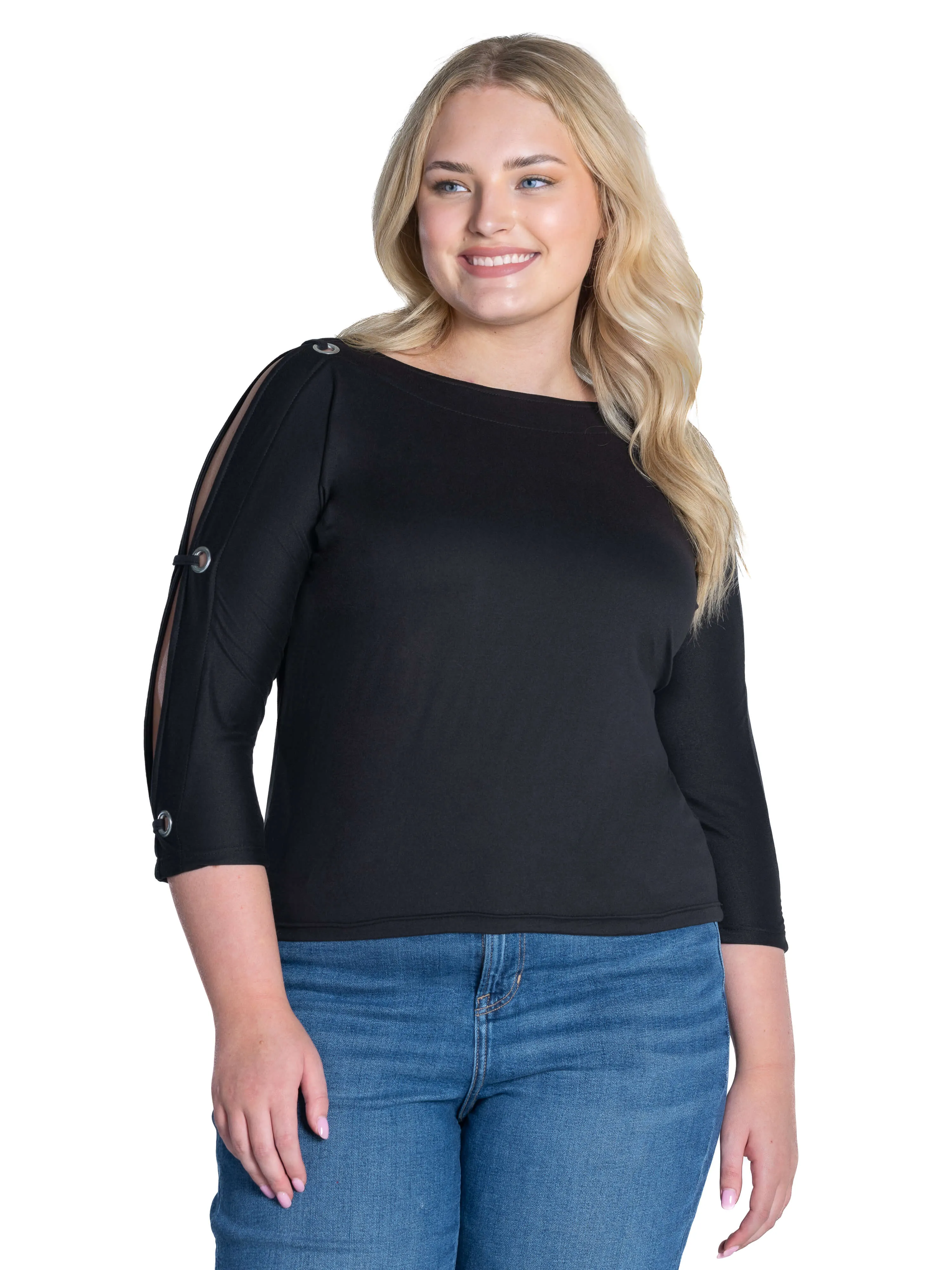 Three Quarter Sleeve Boatneck Cold Shoulder Plus Size Top with Grommet Detail