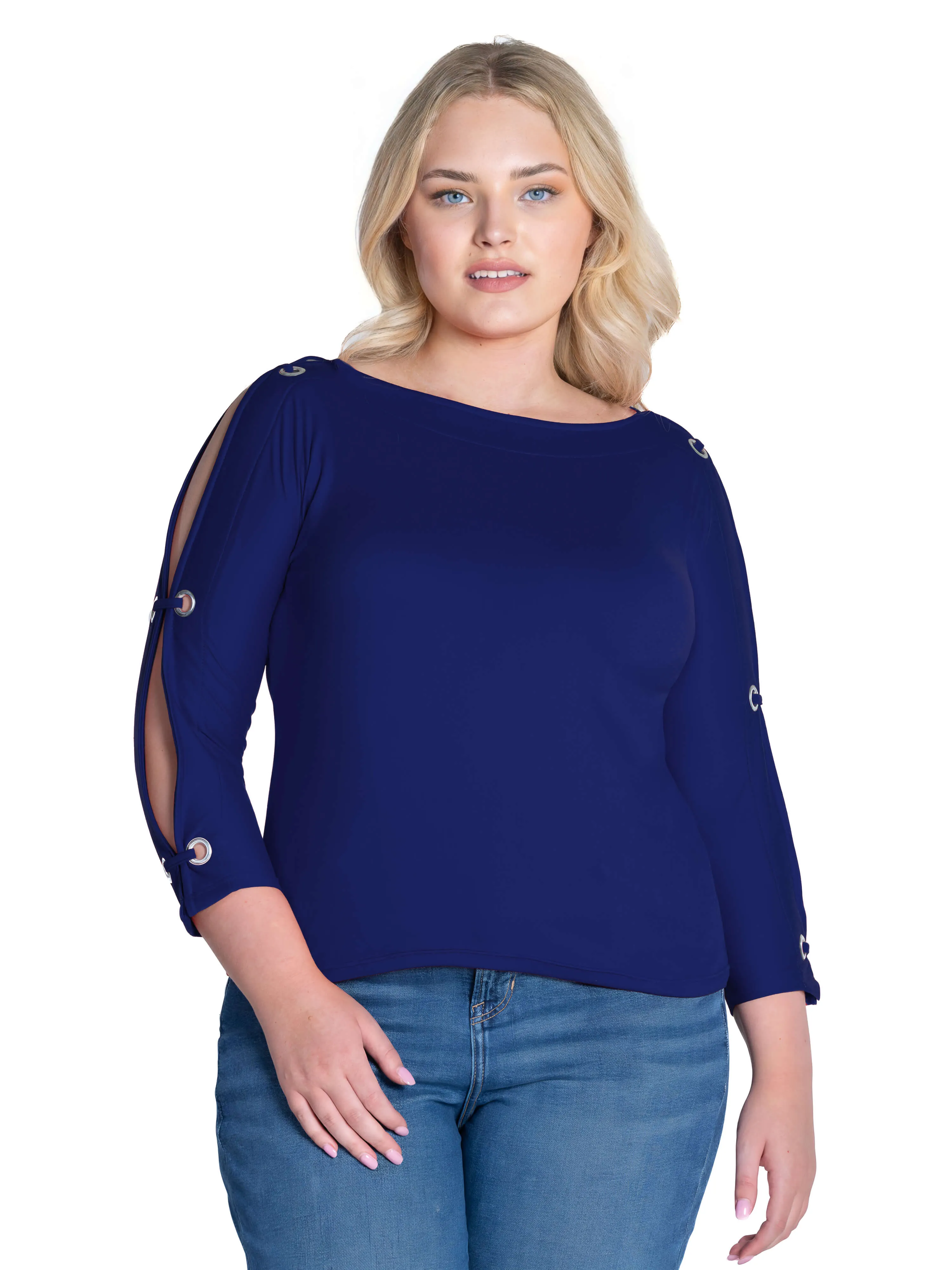 Three Quarter Sleeve Boatneck Cold Shoulder Plus Size Top with Grommet Detail