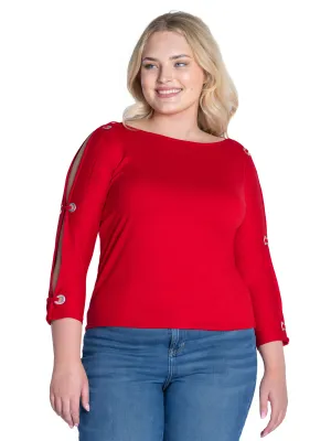 Three Quarter Sleeve Boatneck Cold Shoulder Plus Size Top with Grommet Detail