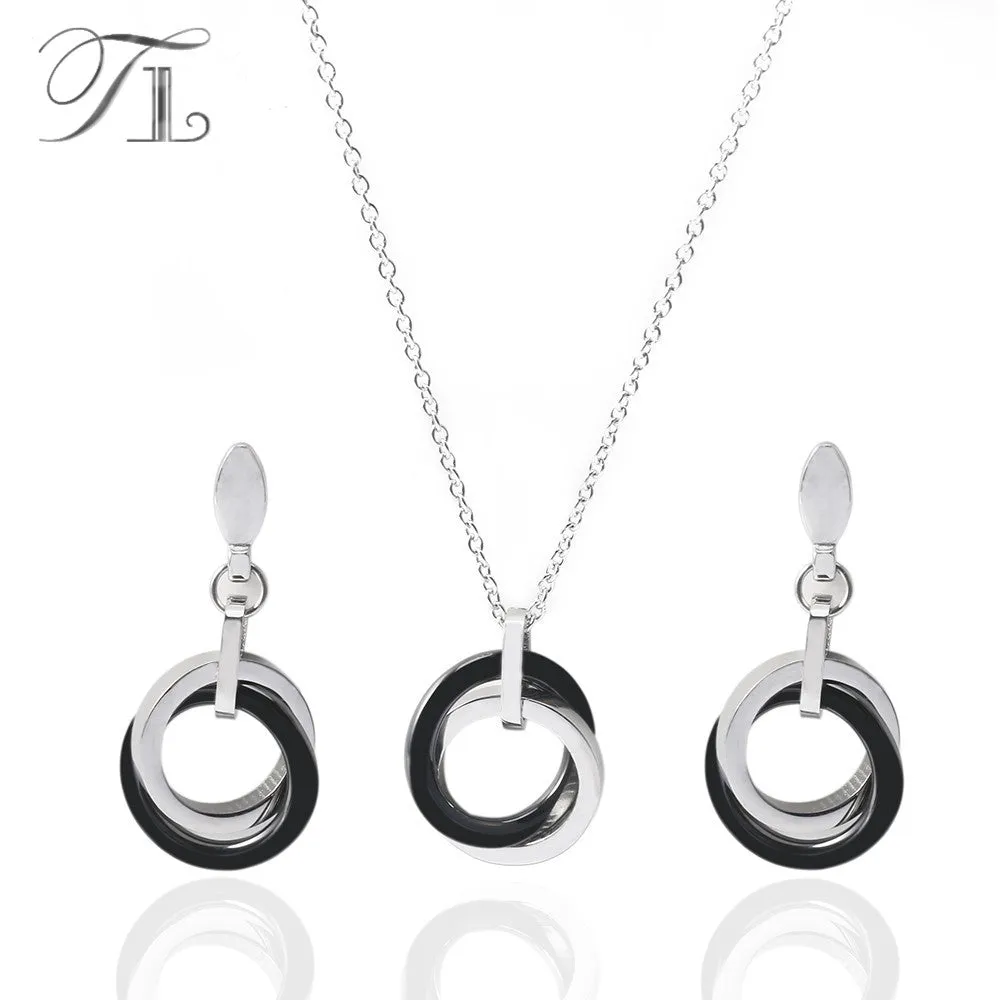 TL Silver Ceramic Black&White Wedding Stainless Steel Jewelry Set
