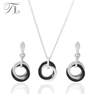 TL Silver Ceramic Black&White Wedding Stainless Steel Jewelry Set