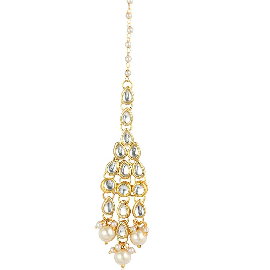 Traditional Gold Plated Pearl Beads Kundan Maangtikka For Women