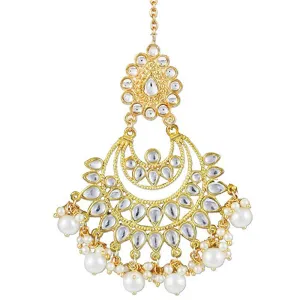 Traditional Gold Plated Pearl Beads Kundan Maangtikka For Women