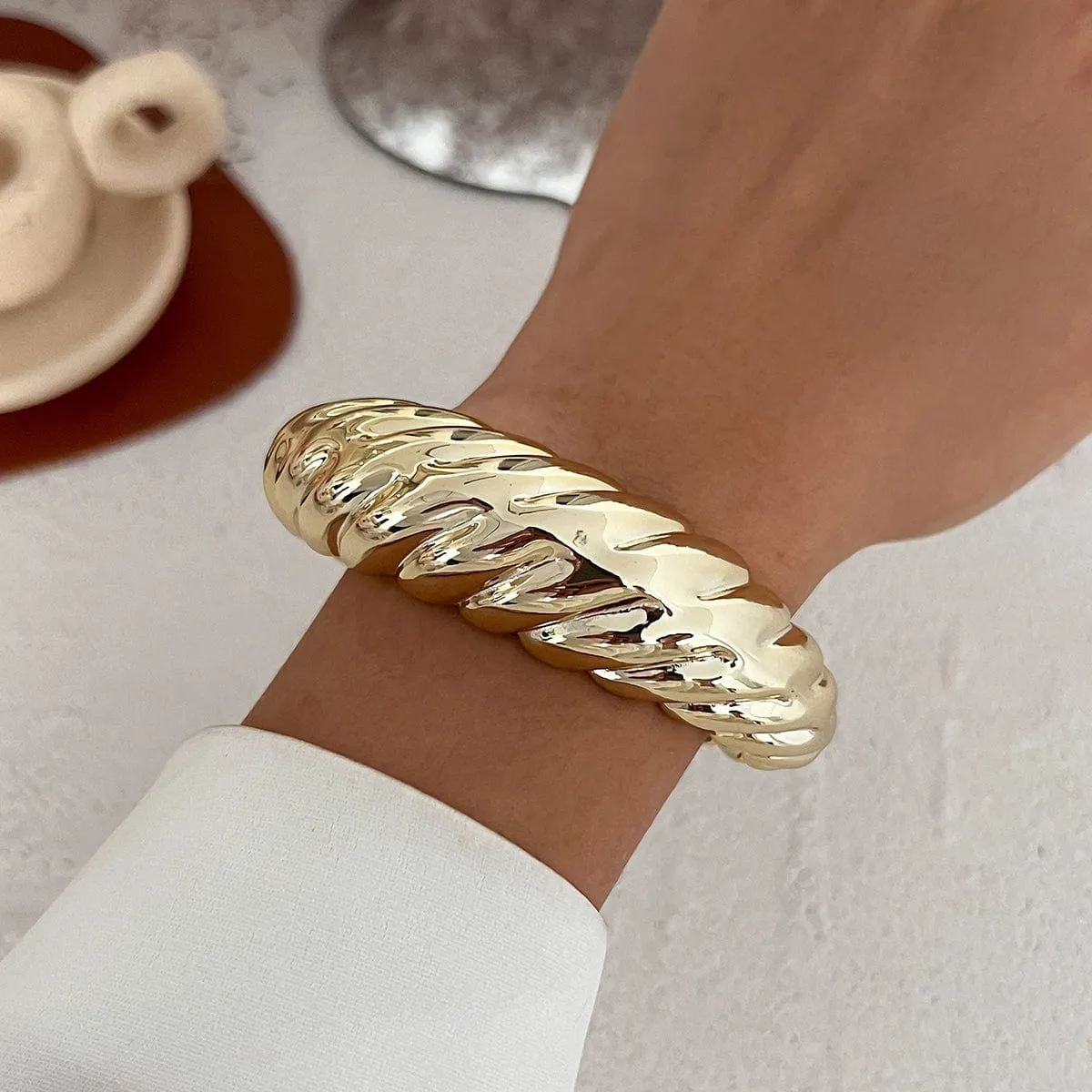 Trendy Gold Silver Tone Glossy Twisted Bangle Bracelet