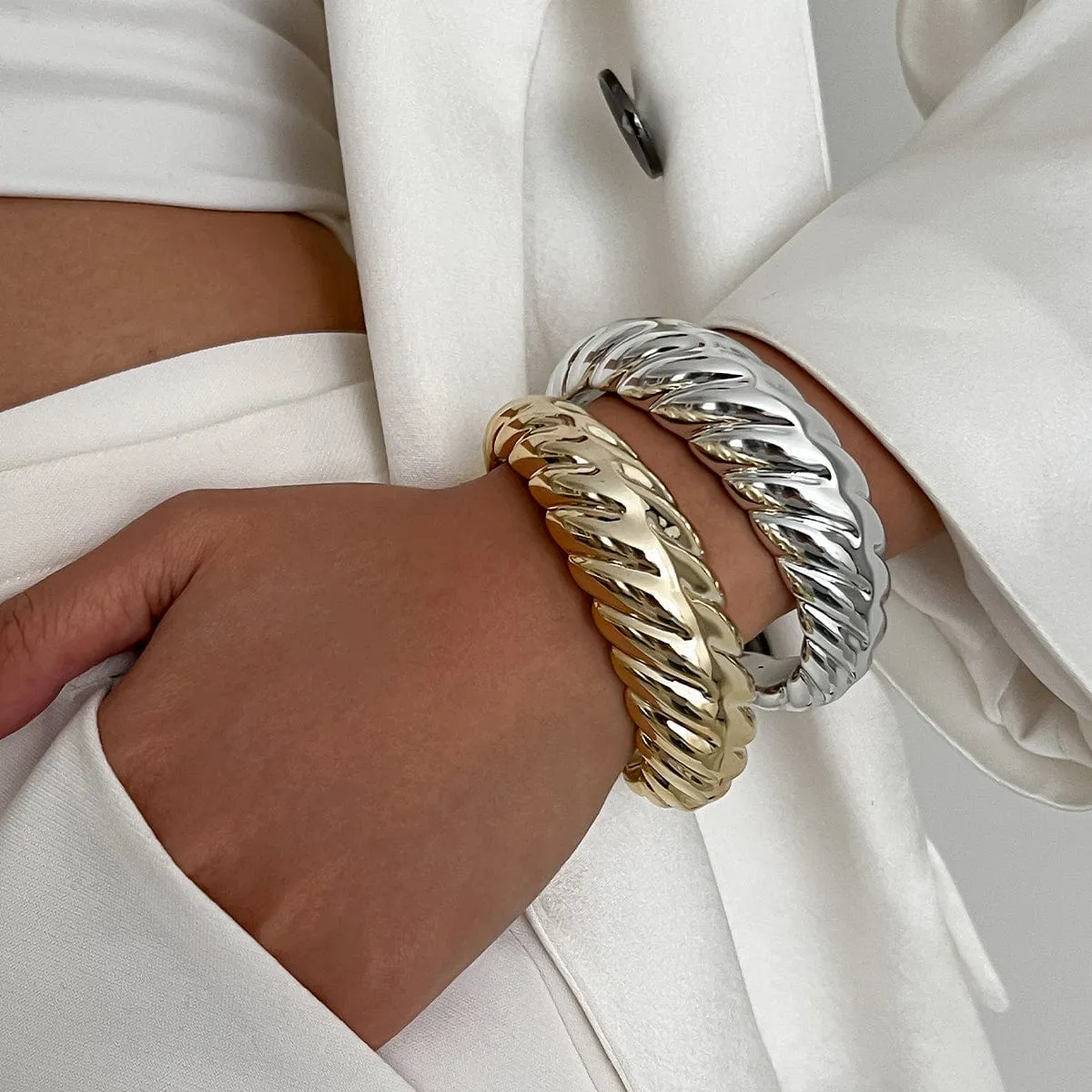 Trendy Gold Silver Tone Glossy Twisted Bangle Bracelet