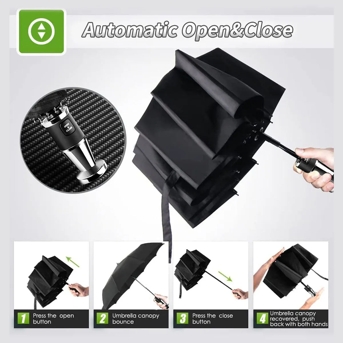 Umbrella for All Cars, 10 Ribs Umbrella Windproof Automatic Folding Umbrella, One-handed use, Rain and Sun Protection, Car Accessories HA13993