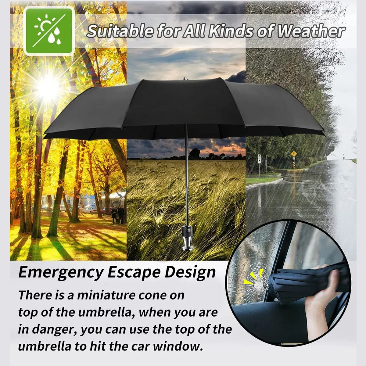Umbrella for All Cars, 10 Ribs Umbrella Windproof Automatic Folding Umbrella, One-handed use, Rain and Sun Protection, Car Accessories HA13993